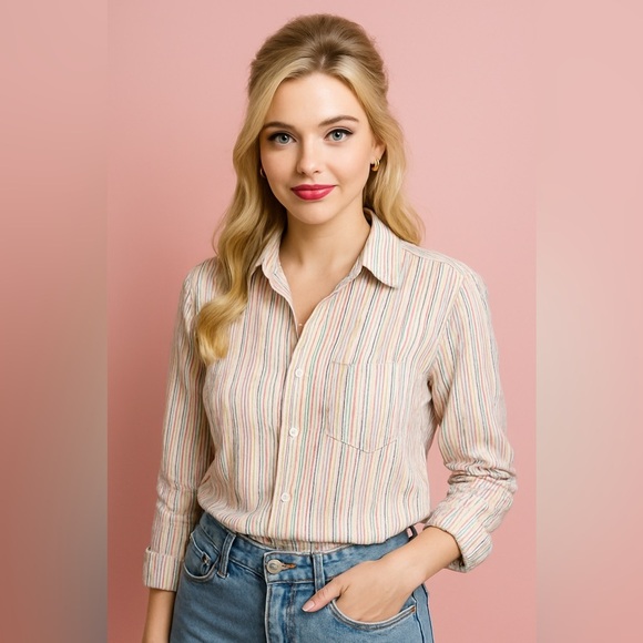 Frank & Eileen Tops - Frank & Eileen 100 Percent Linen Button-Up Shirt – Rainbow Stripe – Size Medium